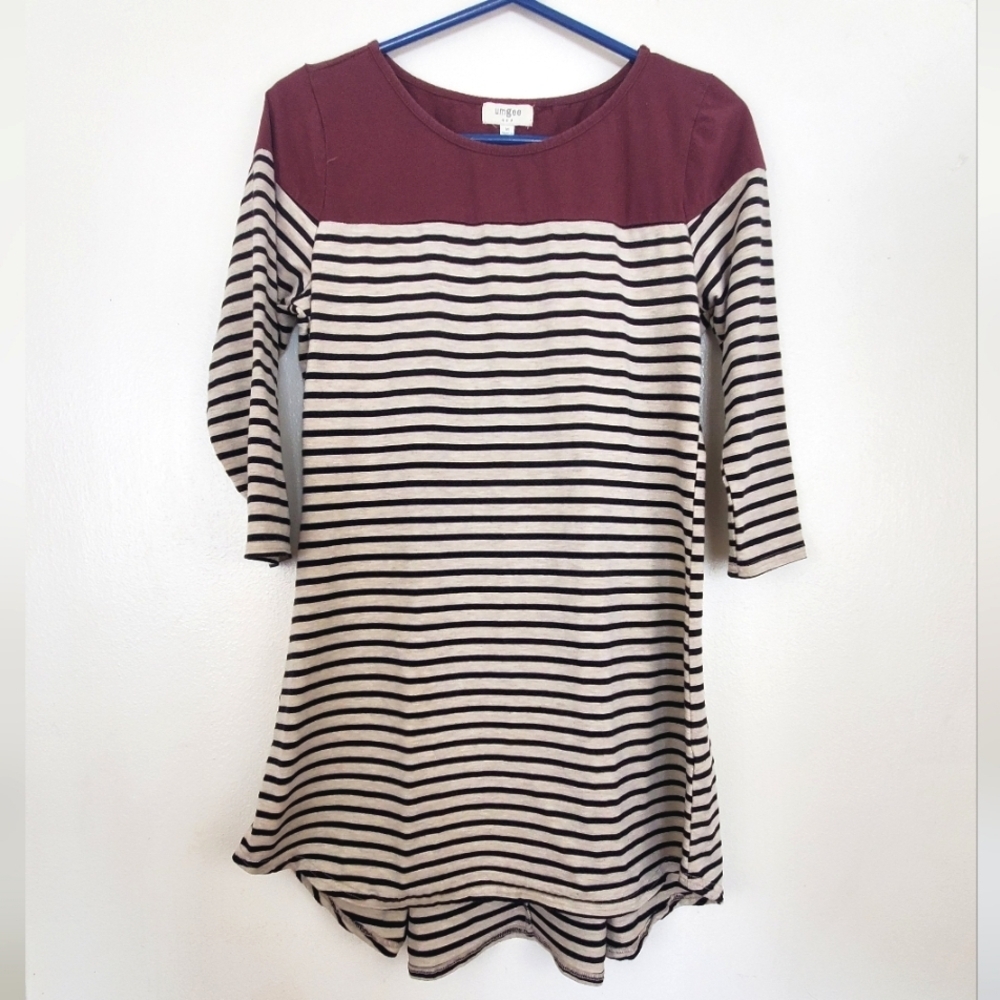 Umgee 3/4 Sleeve Striped Maroon Colorblock High Low Tunic Dress Size M